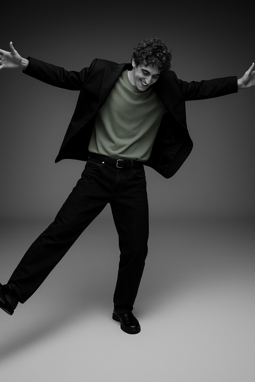 A young person with curly hair smiles and spreads their arms wide, playfully posing in The Soft Sage Oversized Tee paired with a black blazer, black jeans, and shoes against a plain gray background.